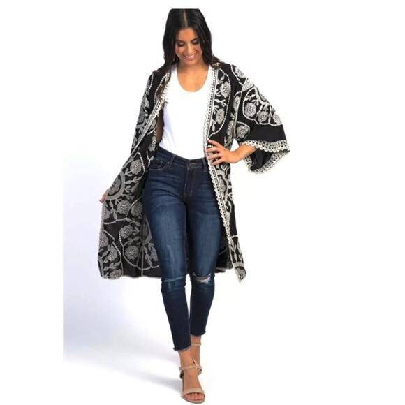 Peach Love California Black Embroidered Cover Up Kimono Sz S/M Hippy Whimsigoth - Picture 2 of 13